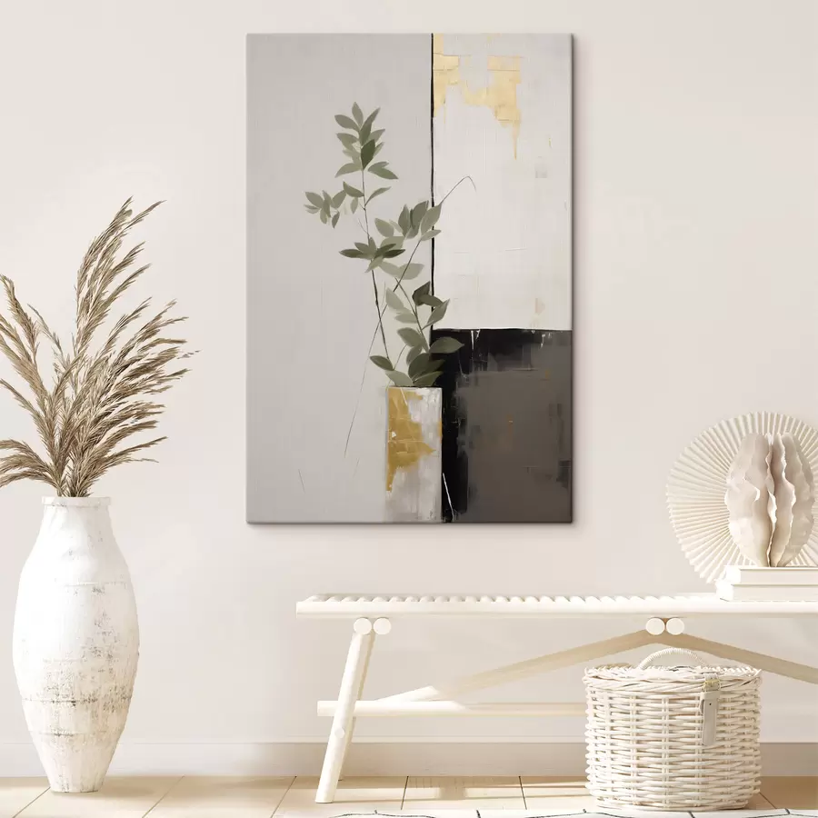 wall murals A minimalist textured painting of a vase with green leaves against a background of abstract geometric shapes s47036
