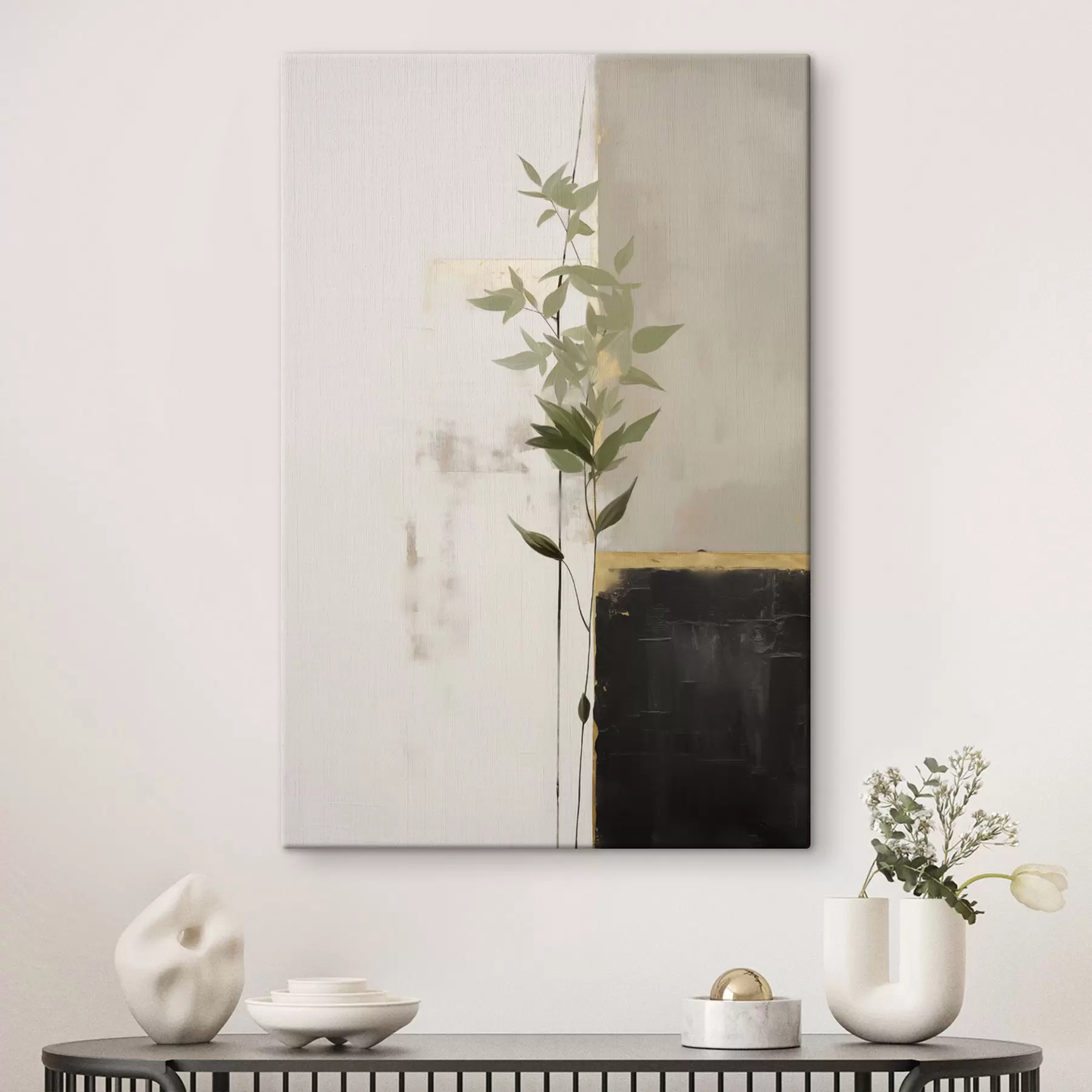 murales Una pintura minimalista con textura de un jarrón con hojas verdes sobre un fondo de formas geométricas abstractas s47037