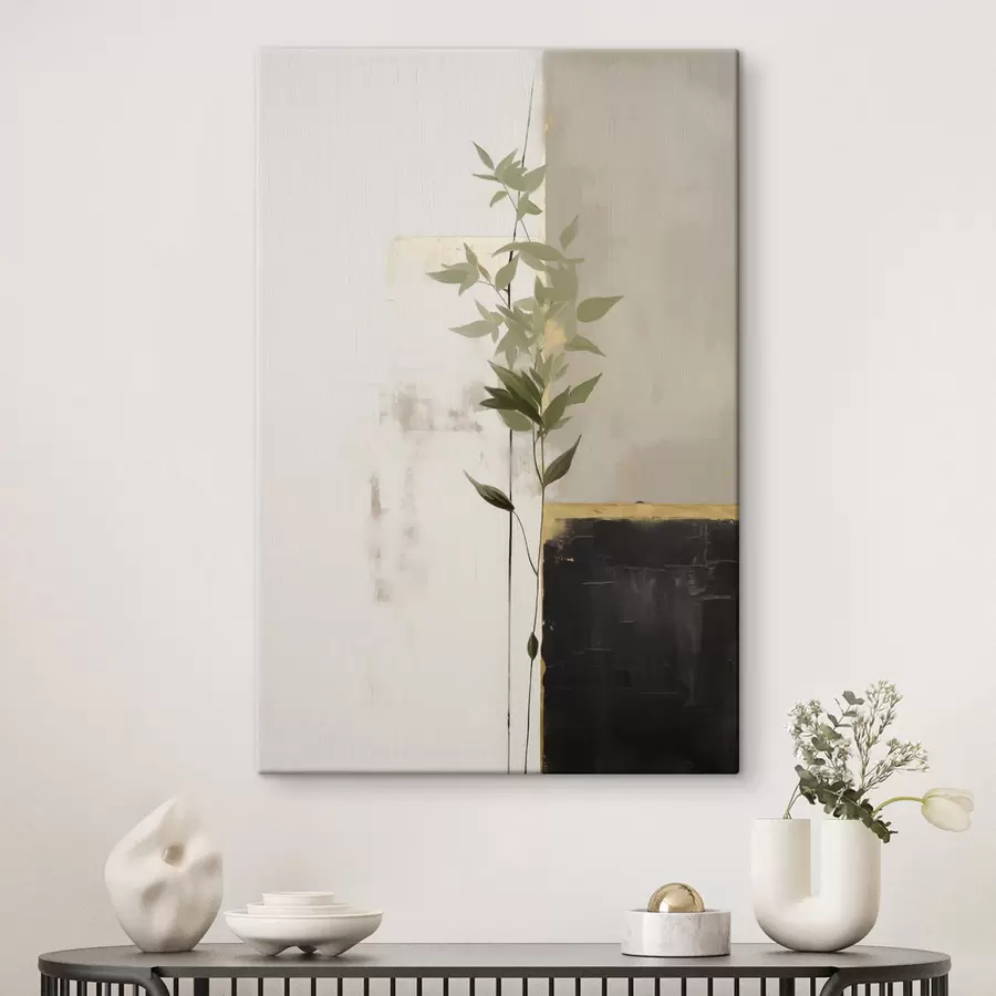wall murals A minimalist textured painting of a vase with green leaves against a background of abstract geometric shapes s47037