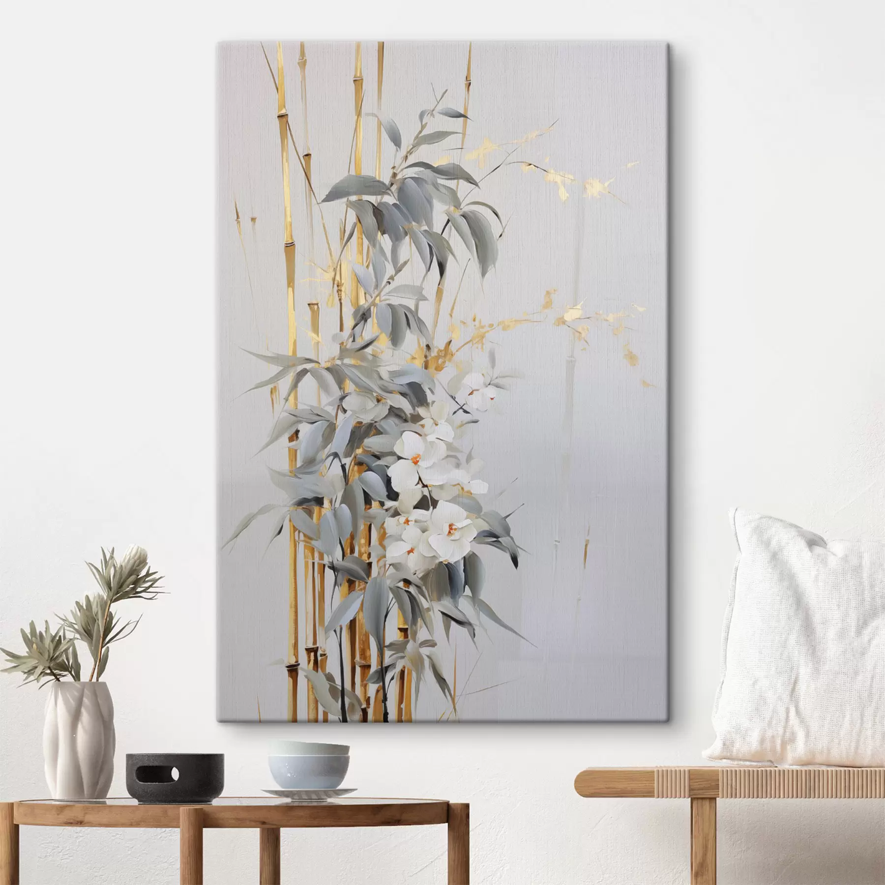 murales Tallos de bambú abstractos con detalles amarillos, delicadas flores blancas y hojas verde pálido, fondo gris s47038