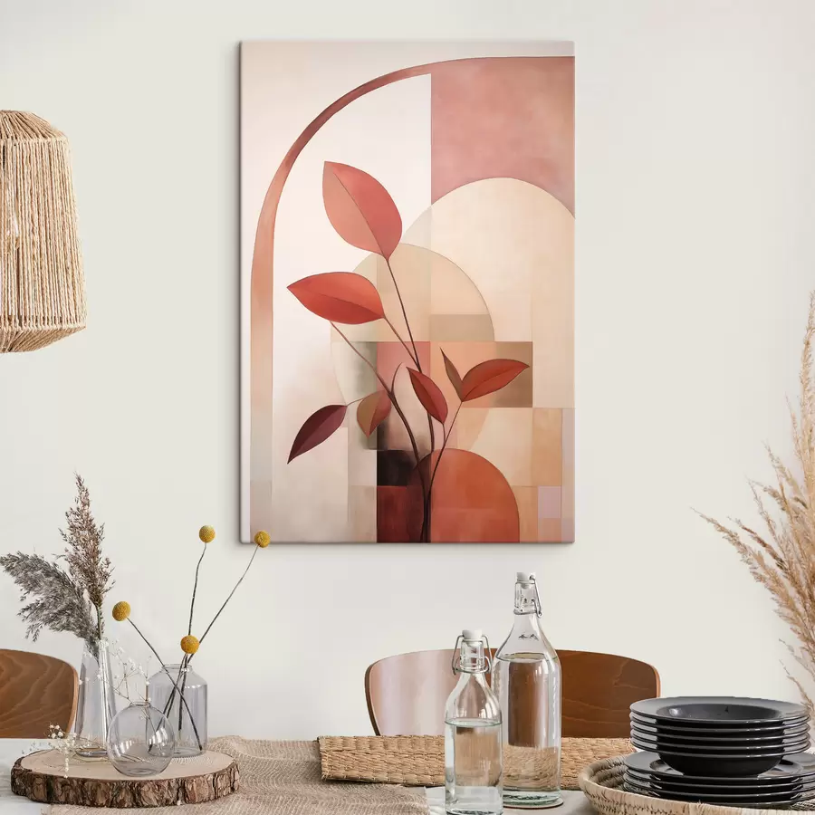 wall murals Abstract plant with red leaves against a background of geometric shapes and soft, muted colors s47040