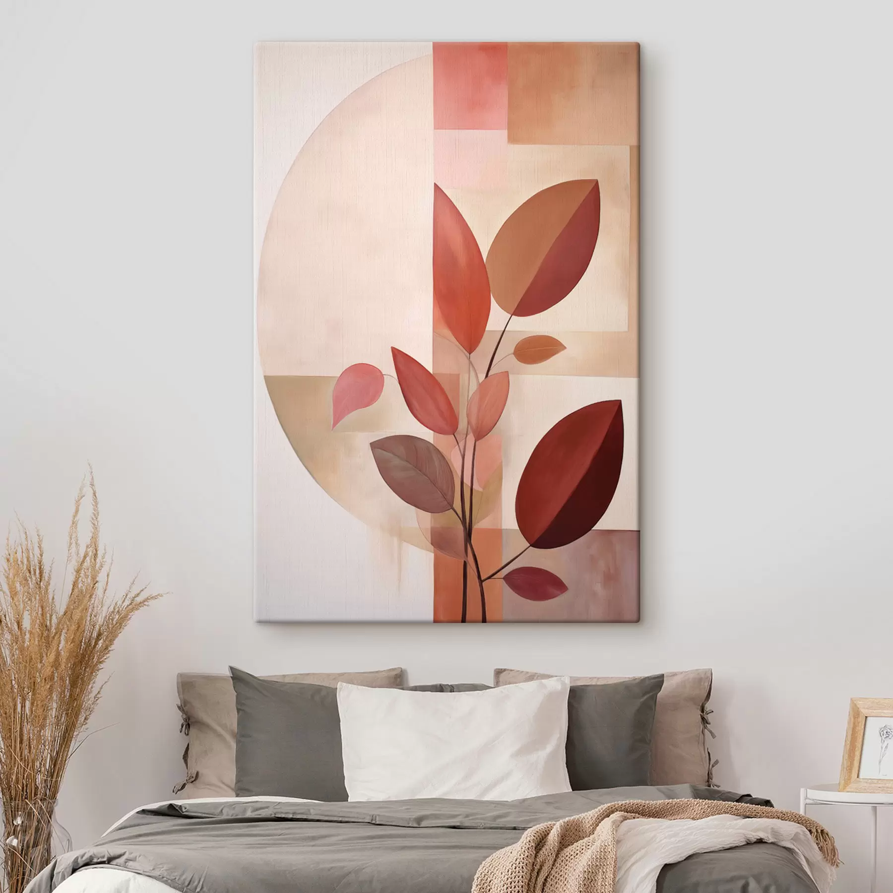 wall murals Abstract plant with red leaves against a background of geometric shapes and soft, muted colors s47041