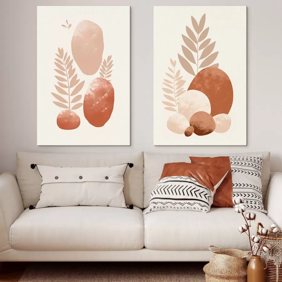 murales Formas abstractas, piedras y hojas con textura en tonos melocotón y terracota apagados, minimalistas, fondo crema m01114