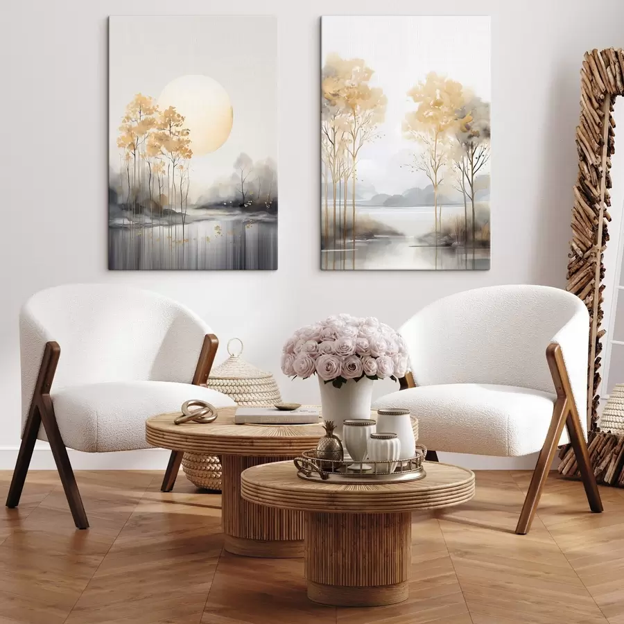 murales Paisaje abstracto decorativo, árboles altos con hojas amarillas, un río y niebla al fondo m01115