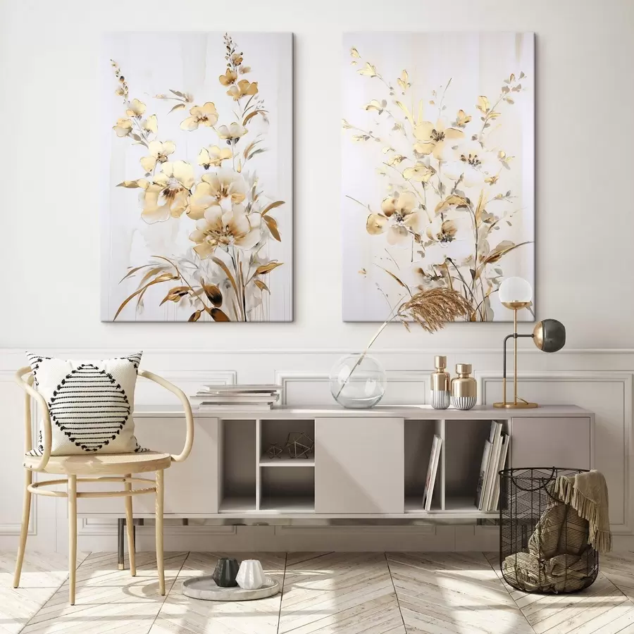 wall murals Textured yellow flowers and leaves against a white background, with delicate brushstrokes m01116