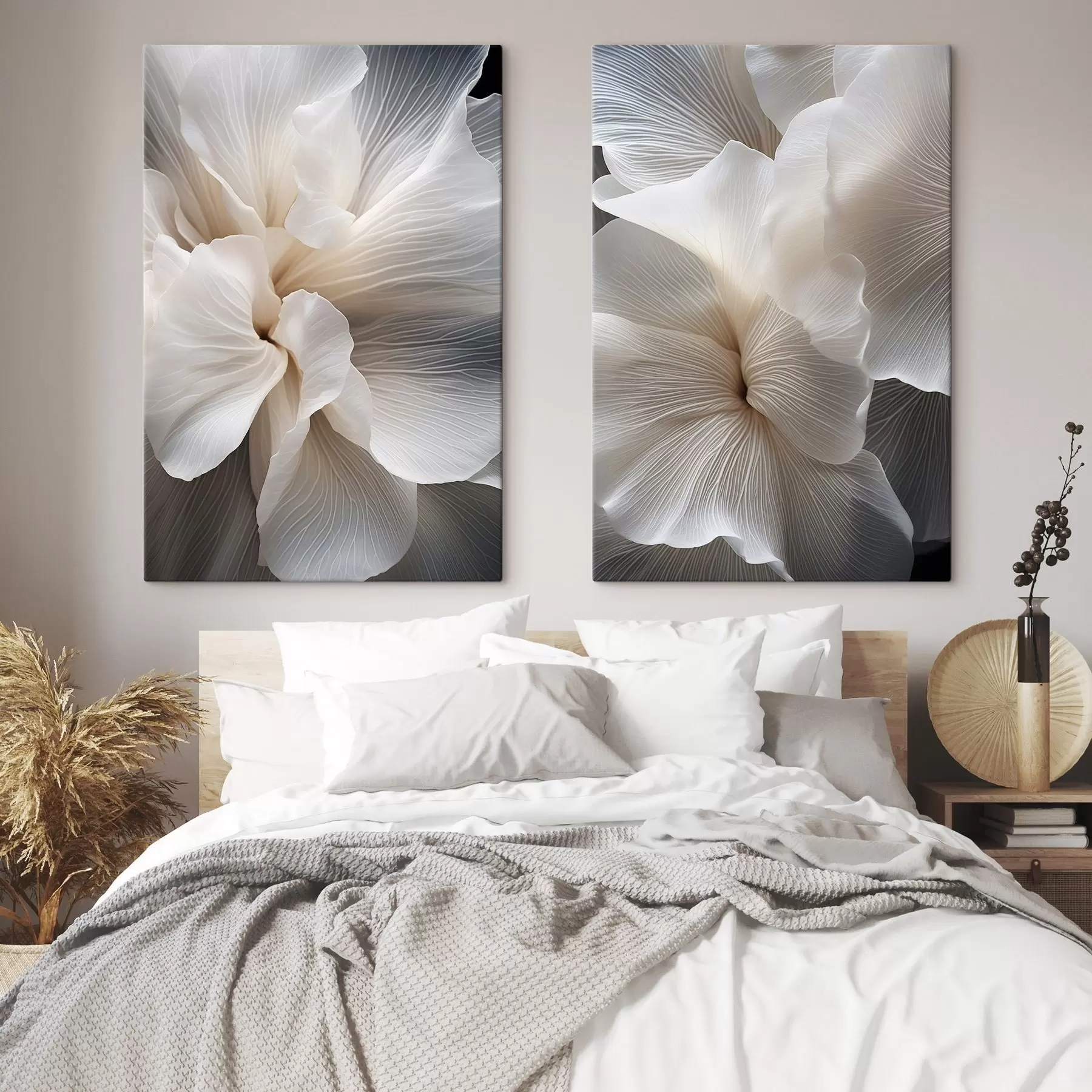 wall murals Close-up of delicate abstract white floral petals with intricate lines and a blurred dark background m01117