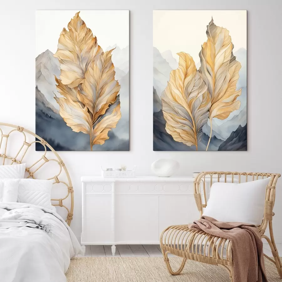 murales Hojas abstractas grandes, amarillas y marrones con detalles intrincados, sobre un paisaje montañoso m01119