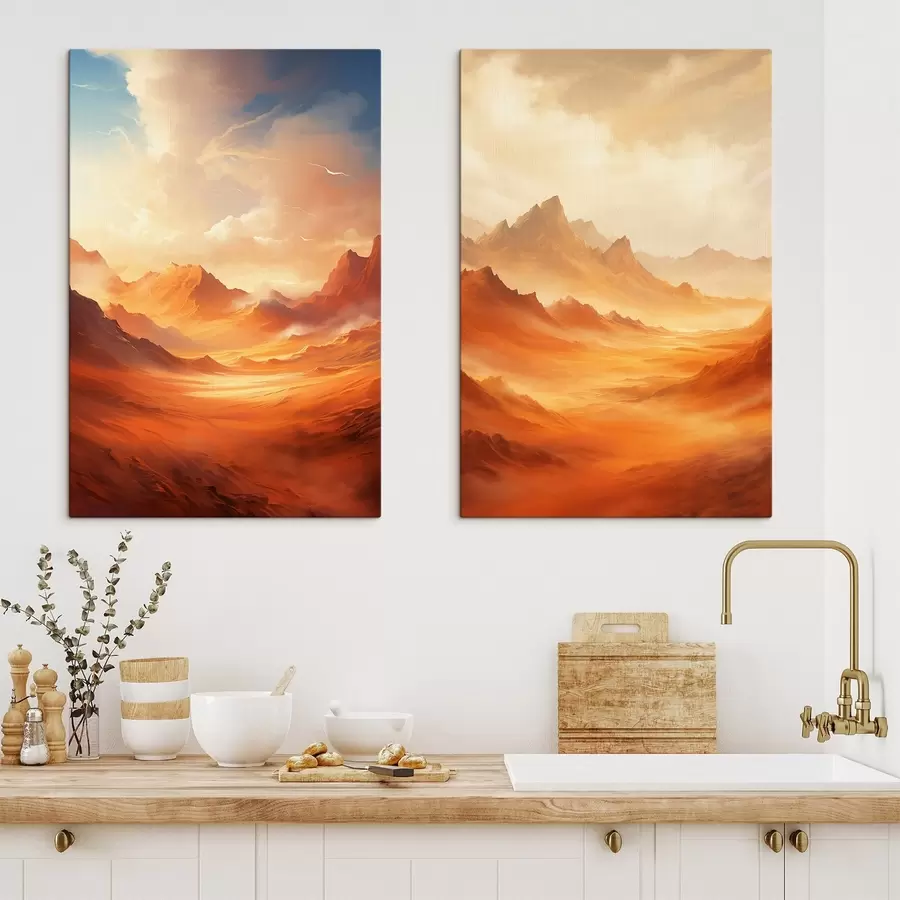 wall murals A vast, orange desert landscape with towering, rocky mountains under a hazy, sunlit sky with wispy clouds m01122