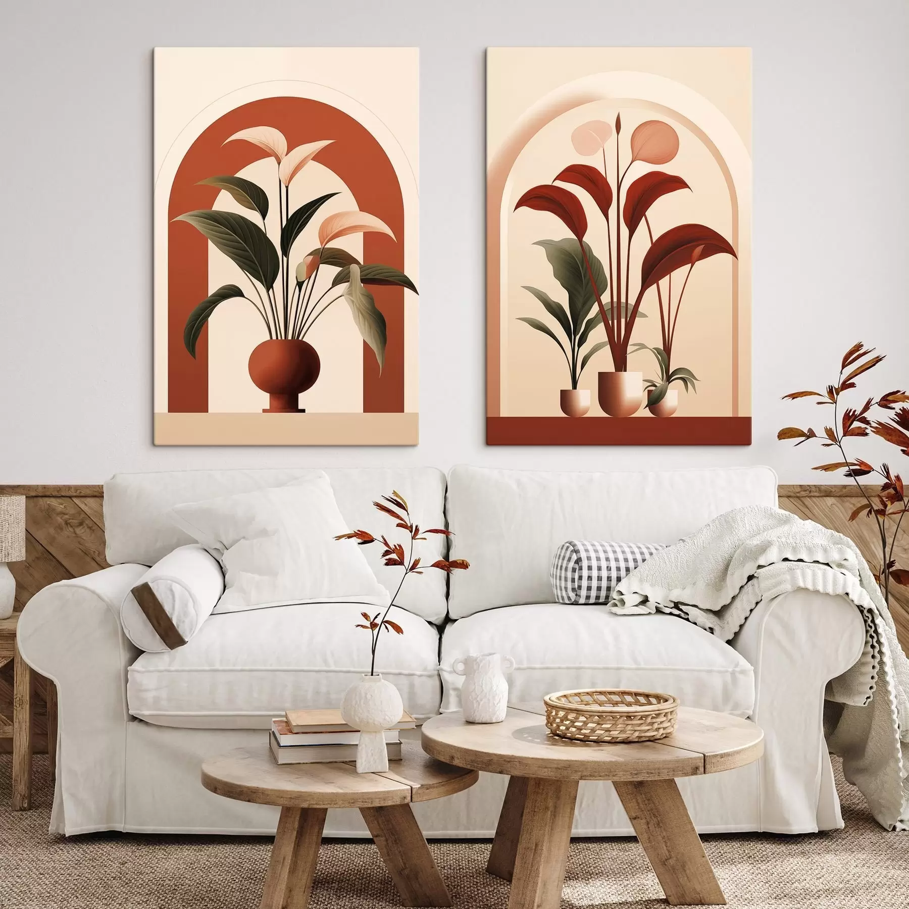 wall murals Abstract potted plants with large green and red leaves in front of a cream-colored archway m01124