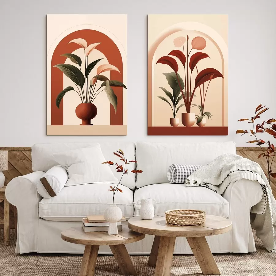 murales Plantas abstractas en macetas con grandes hojas verdes y rojas delante de un arco de color crema m01124