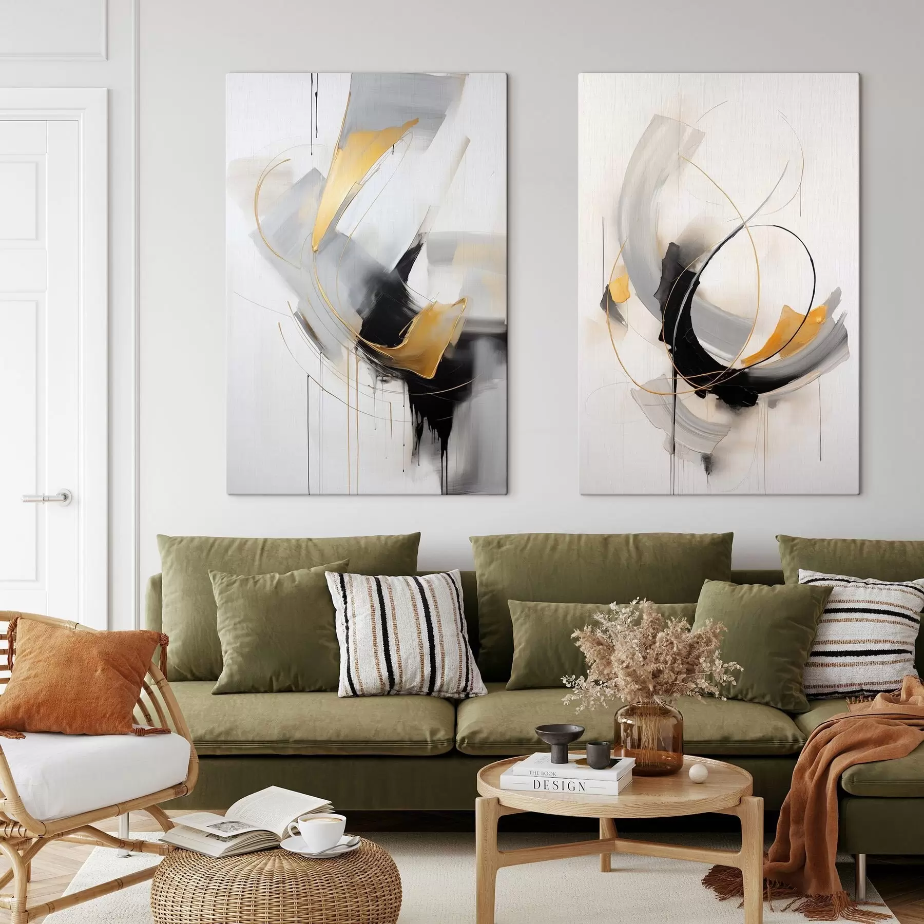 wall murals Abstract painting with yellow and black and white brushstrokes imitation, dynamic lines m01125