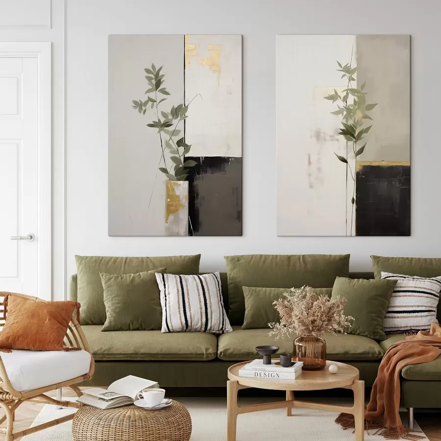 wall murals A minimalist textured painting of a vase with green leaves against a background of abstract geometric shapes m01126