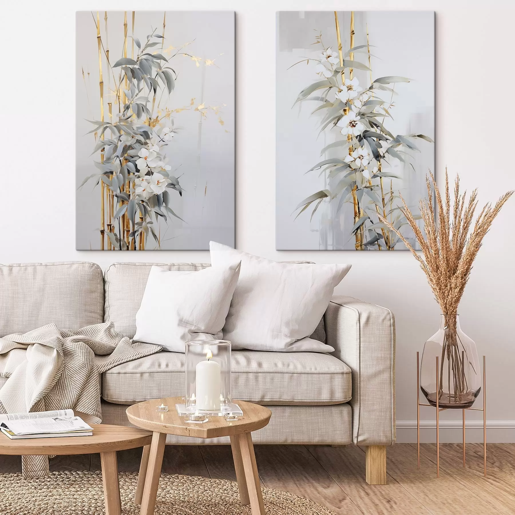 wall murals Abstract bamboo stalks with yellow accents, delicate white flowers and pale green leaves, gray background m01127