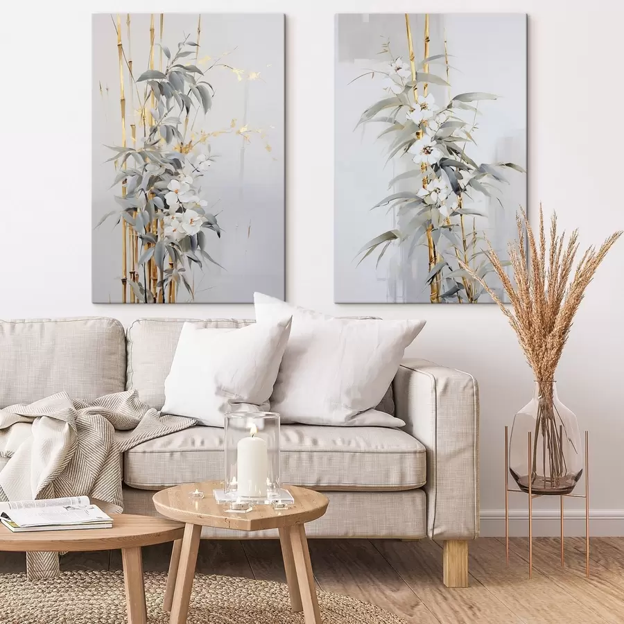 wall murals Abstract bamboo stalks with yellow accents, delicate white flowers and pale green leaves, gray background m01127