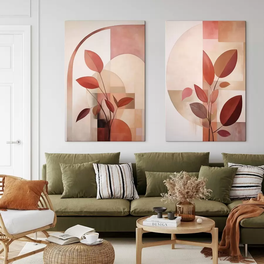 wall murals Abstract plant with red leaves against a background of geometric shapes and soft, muted colors m01128