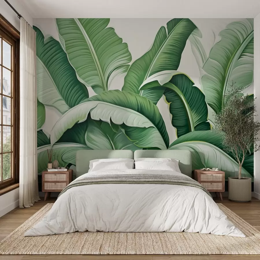 peintures murales Feuilles de bananier tropicales vertes avec effet 3D w09559
