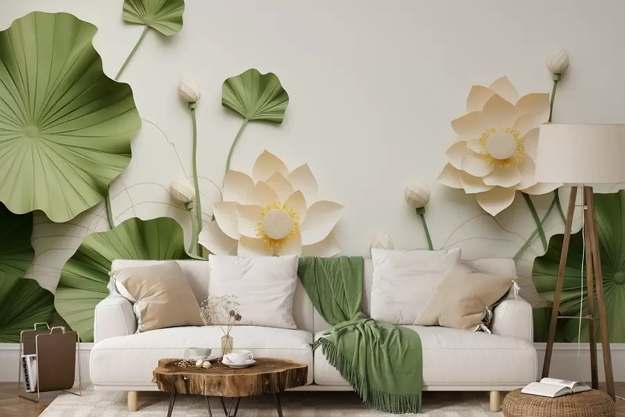 wall murals 3d lotus flowers with green textured leaves, minimalist style w09560