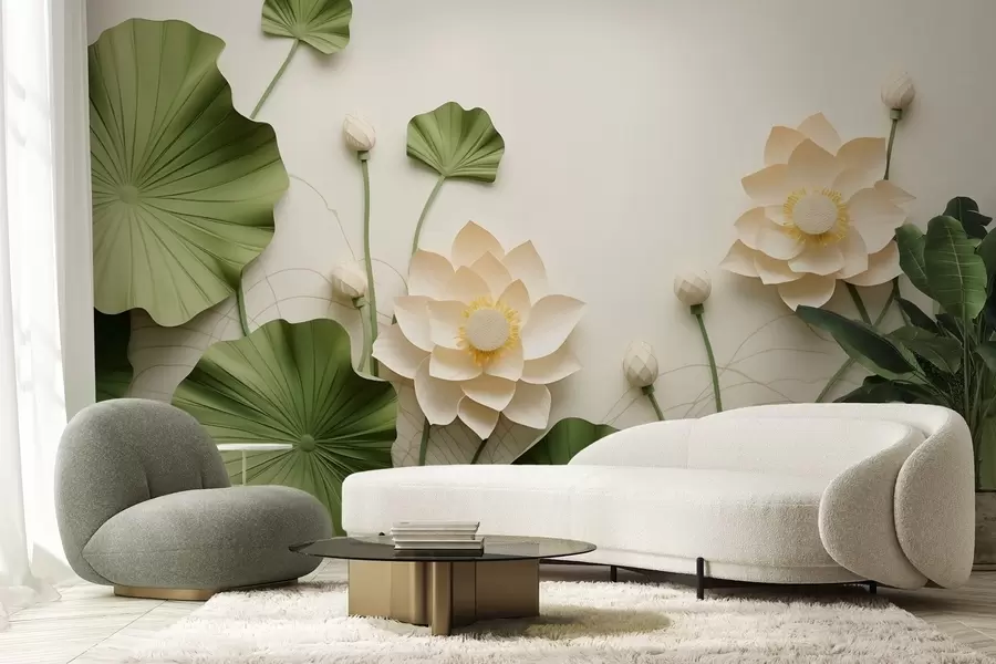 Wall Mural Photo Wallpaper 3d lotus flowers with green textured leaves, minimalist style w09560