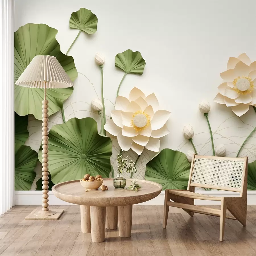 peintures murales Fleurs de lotus en 3D avec feuilles vertes texturées, style minimaliste w09560