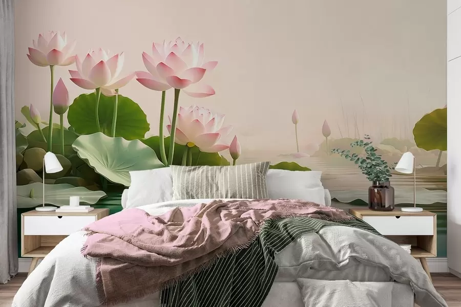 wall murals Pink lotus flowers on water, a calm tropical landscape w09561