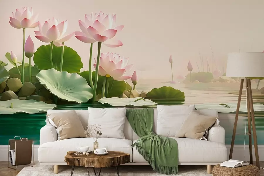 Wall Mural Photo Wallpaper Pink lotus flowers on water, a calm tropical landscape w09561