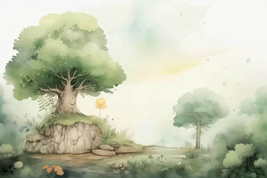 murales Un mundo de cuento de hadas de la infancia en un paisaje boscoso verde, estilo acuarela. w09566