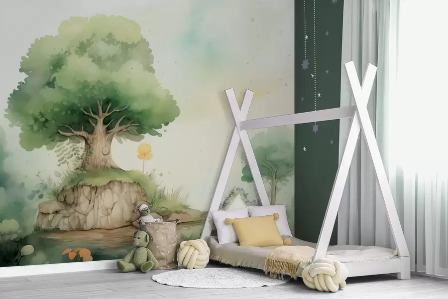 Wall Mural Photo Wallpaper A fairytale world of childhood in a green forest landscape, watercolor style w09566