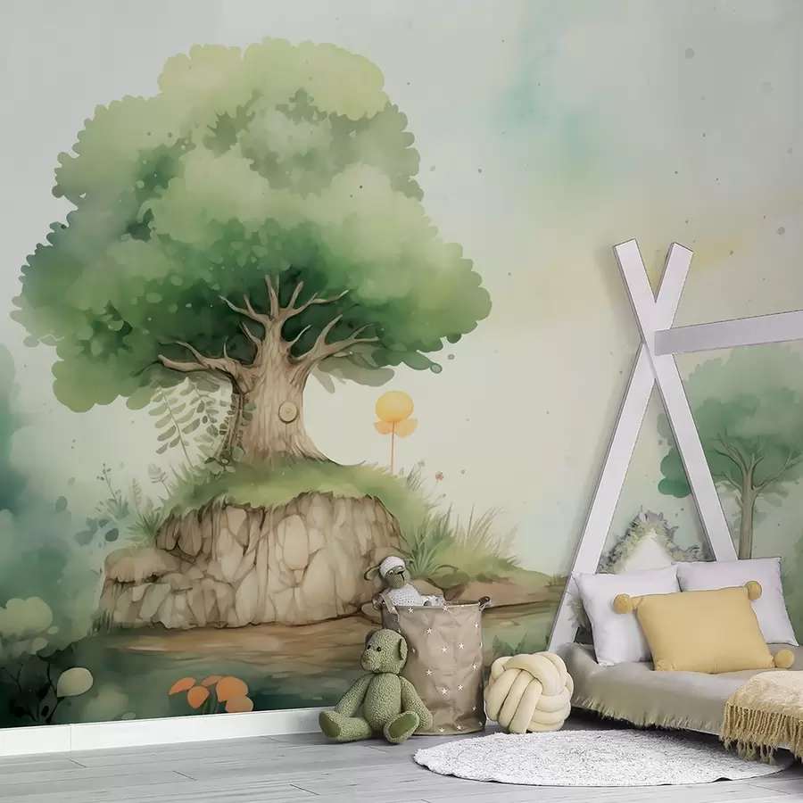 peintures murales Un monde féérique d'enfance dans un paysage forestier verdoyant, style aquarelle w09566