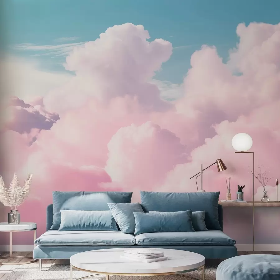 peintures murales Des nuages roses doux et aériens dans un ciel bleu w09569