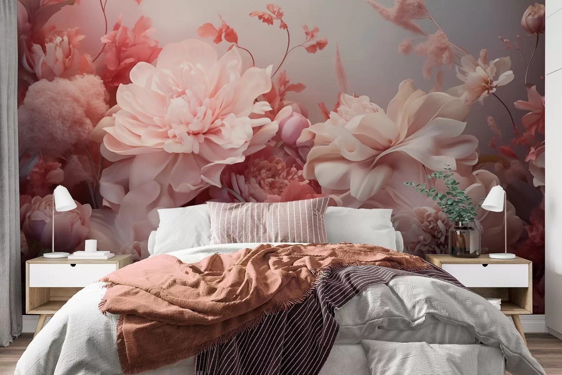 Wall Mural Photo Wallpaper Volumetric powder-pink peonies in a floral composition w09571