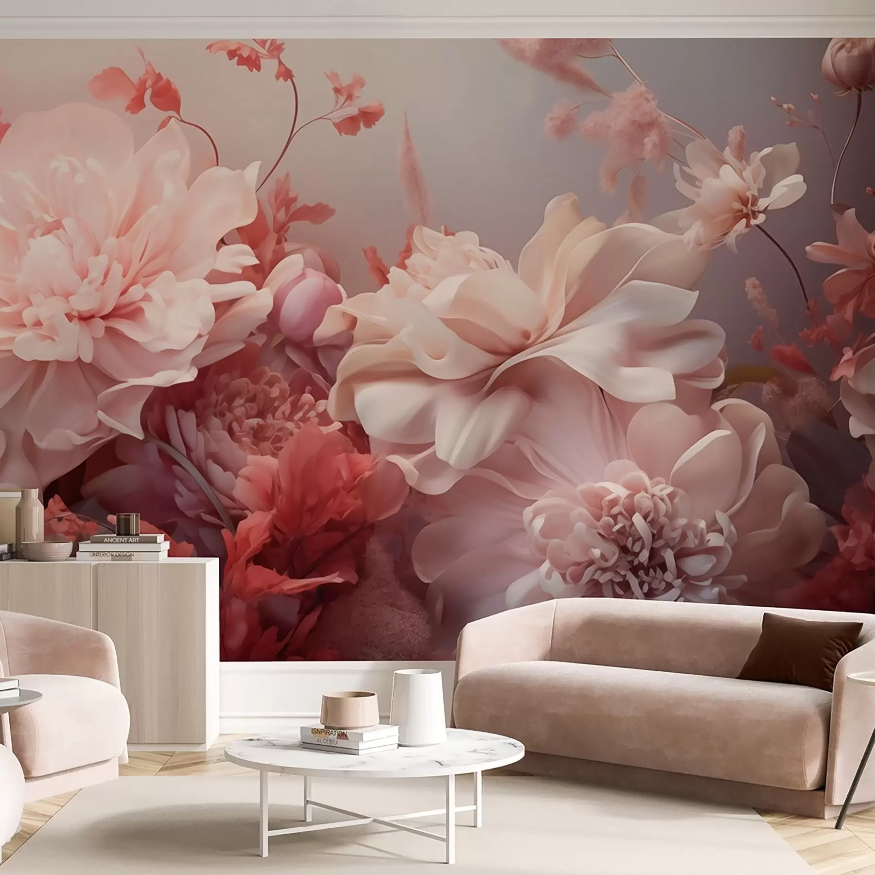 peintures murales Pivoines volumineuses rose poudré dans une composition florale w09571