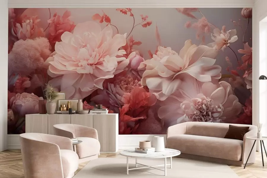 murales Peonías volumétricas de color rosa pálido en una composición floral. w09571