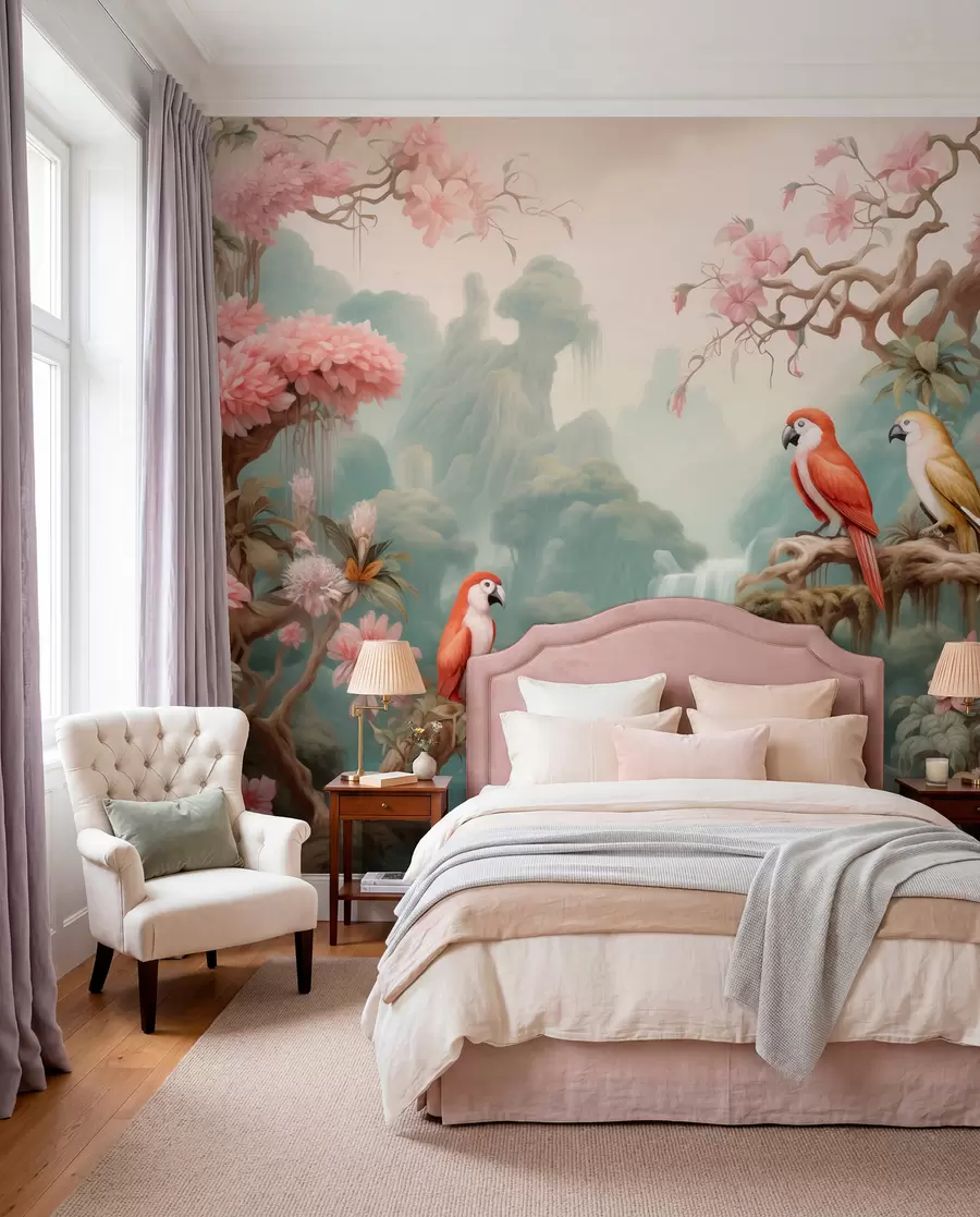 peintures murales Une forêt tropicale féérique avec des perroquets, des arbres en fleurs roses et une cascade. w09580