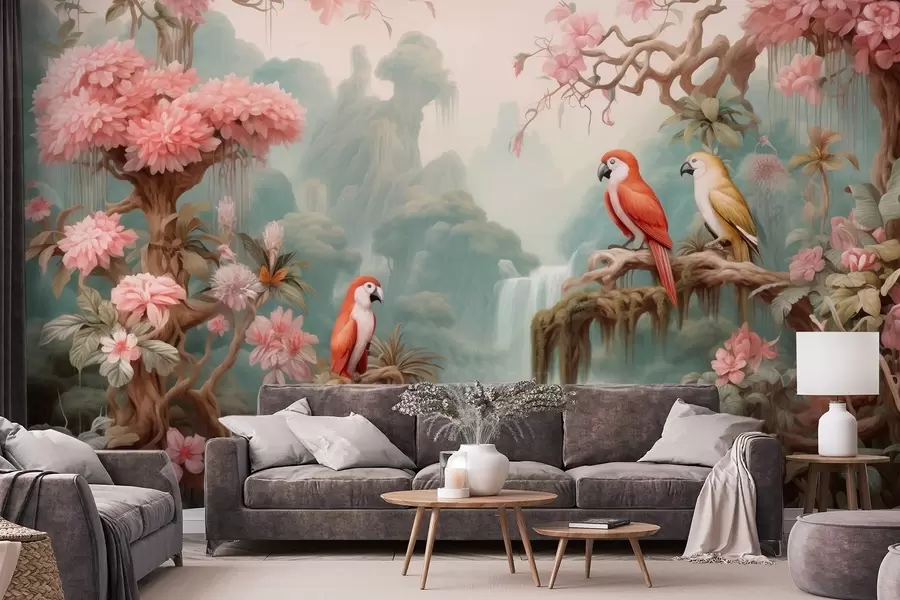 Wall Mural Photo Wallpaper A fairytale tropical forest with parrots, flowering trees with pink blossoms, and a waterfall w09580