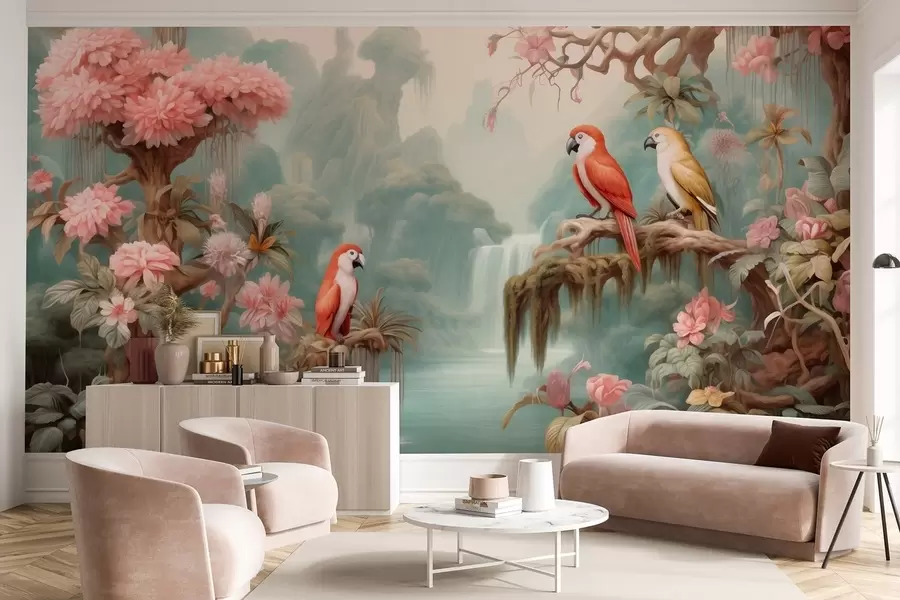 Wall Mural Photo Wallpaper A fairytale tropical forest with parrots, flowering trees with pink blossoms, and a waterfall w09580
