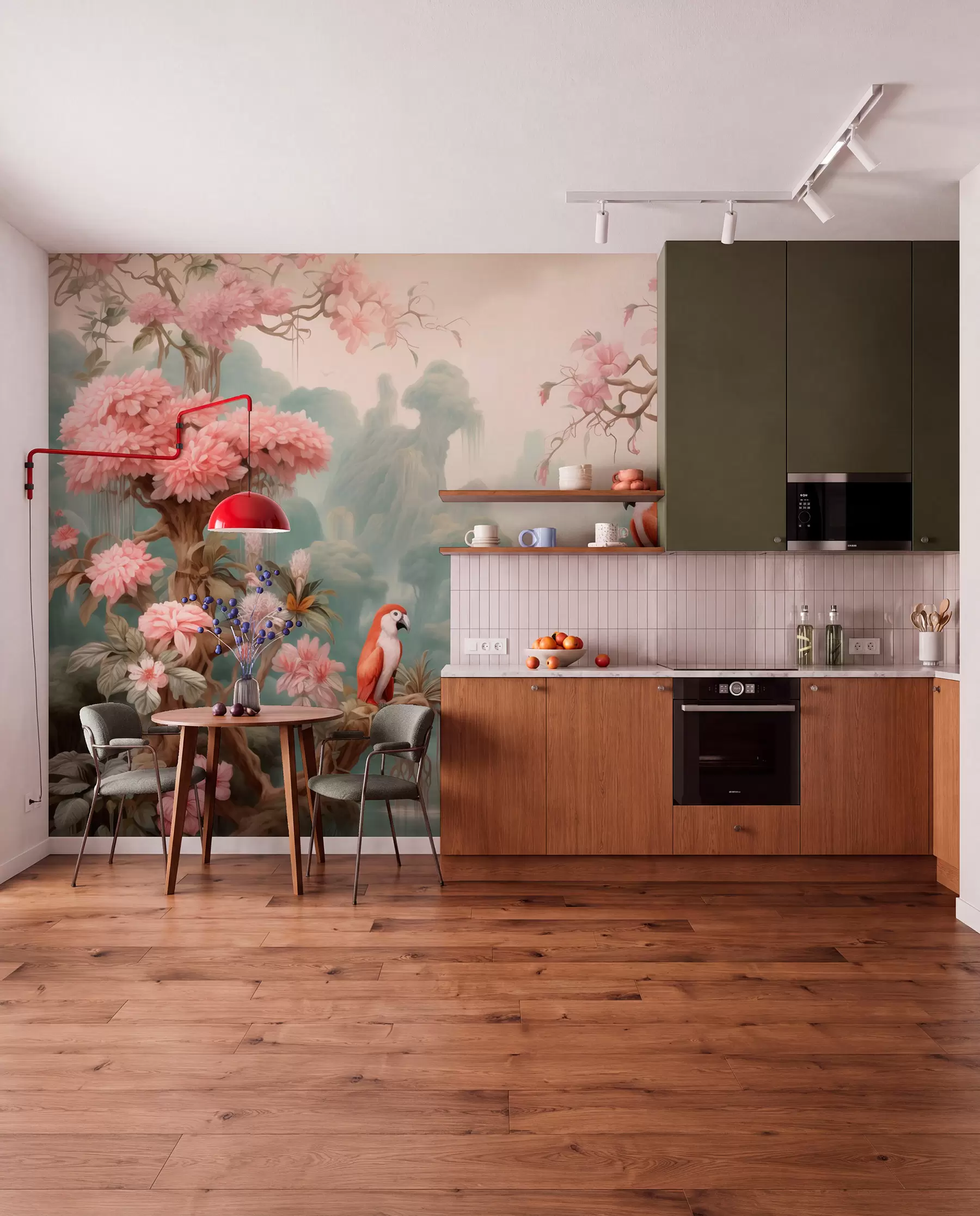 peintures murales Une forêt tropicale féérique avec des perroquets, des arbres en fleurs roses et une cascade. w09580