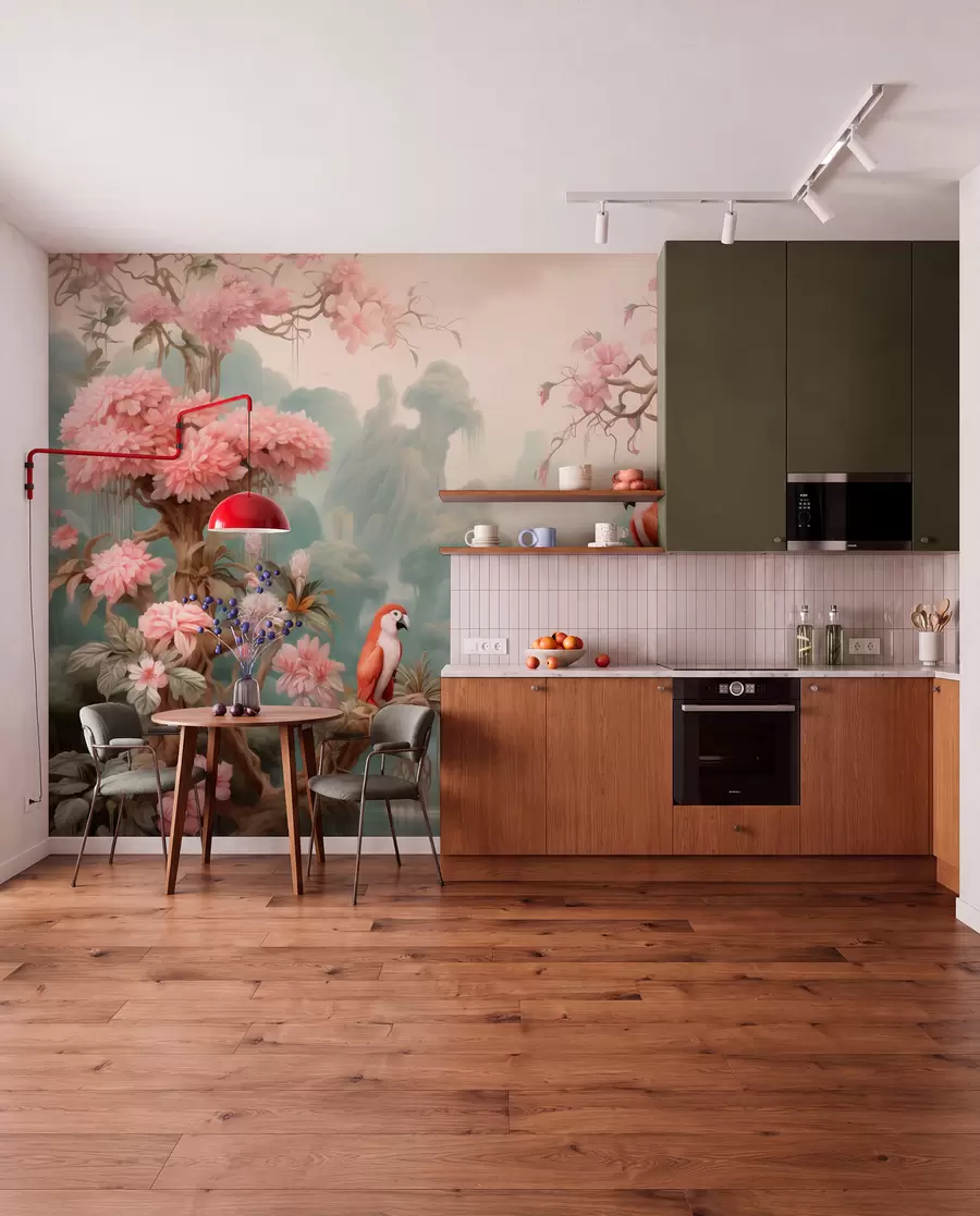 wall murals A fairytale tropical forest with parrots, flowering trees with pink blossoms, and a waterfall w09580