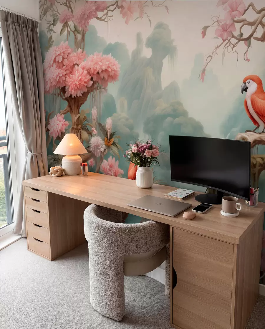 wall murals A fairytale tropical forest with parrots, flowering trees with pink blossoms, and a waterfall w09580