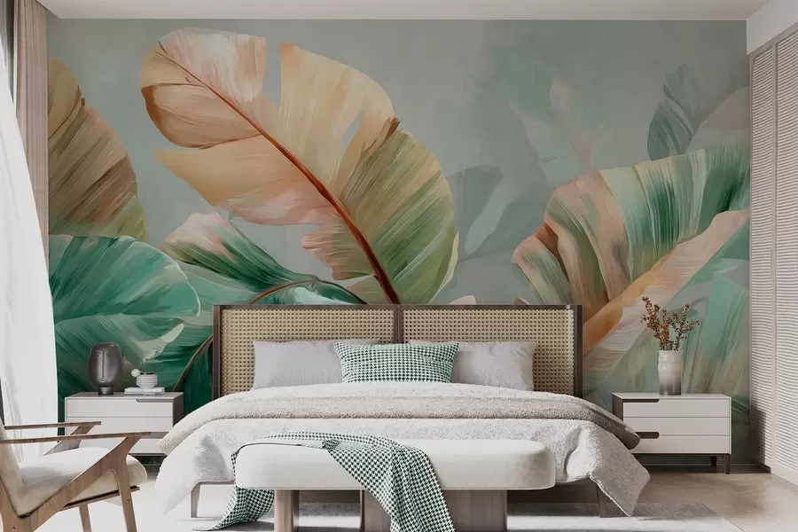 Wall Mural Photo Wallpaper Delicate tropical banana leaves in pastel yellow-green tones w09581