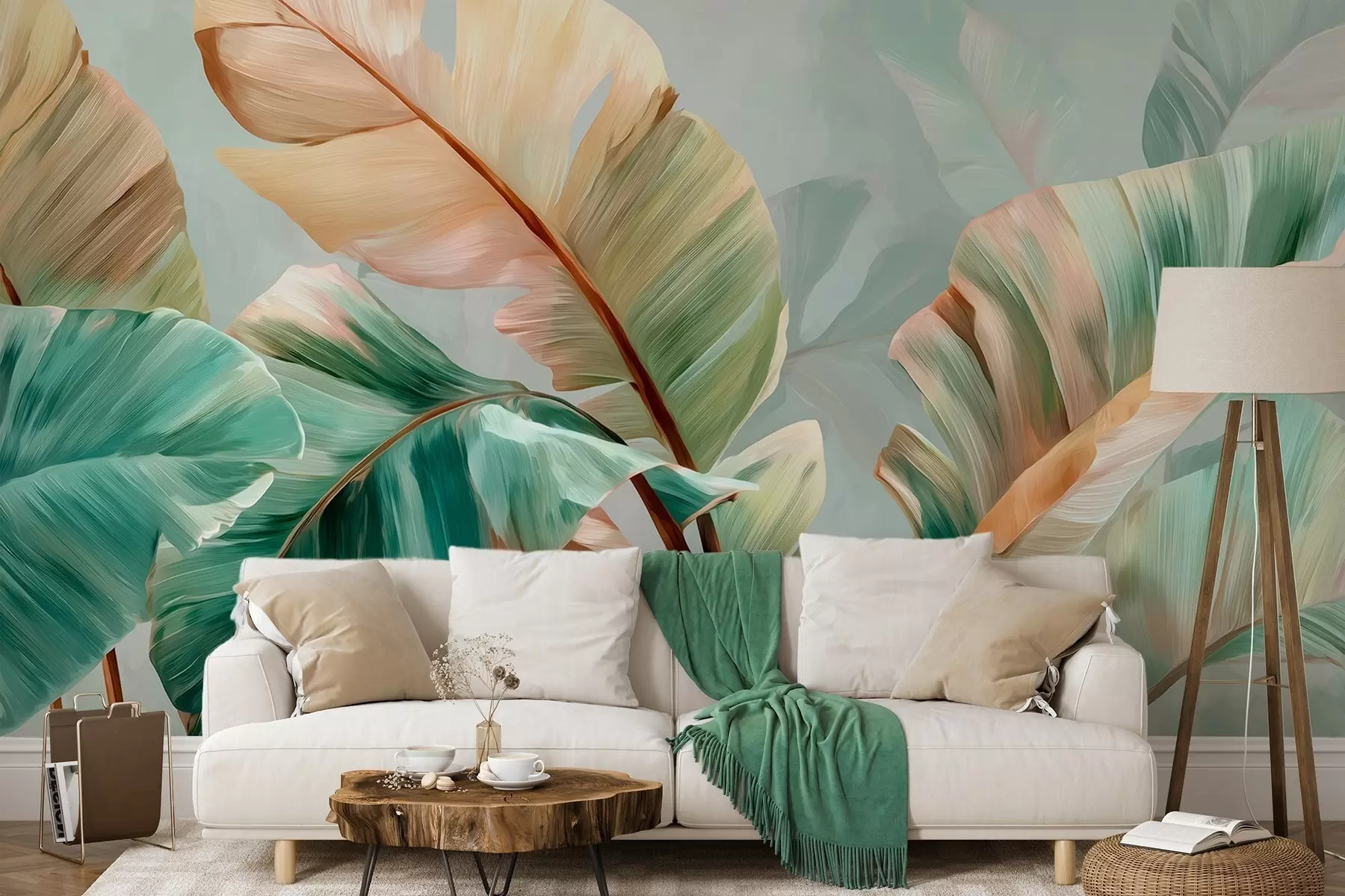 Wall Mural Photo Wallpaper Delicate tropical banana leaves in pastel yellow-green tones w09581