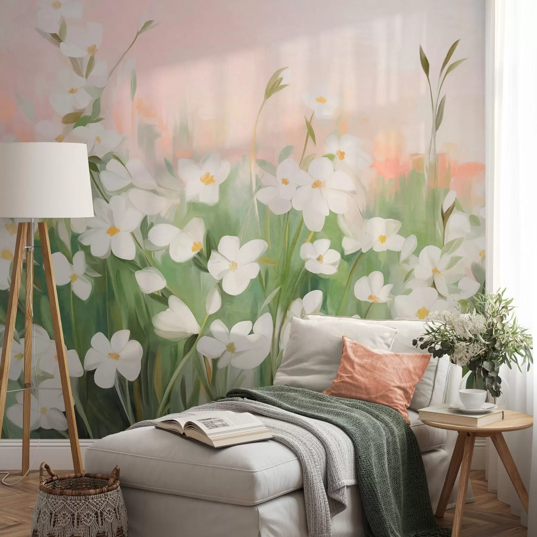 Wall Mural Photo Wallpaper Abstract field of wildflowers with green stems and leaves, against a soft pink and white textured sky w09297