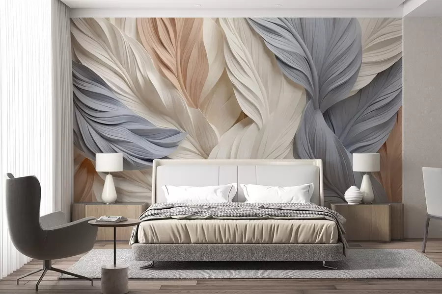 Wall Mural Photo Wallpaper Abstract, layered feathers in cream, beige, and light blue hues, with a textured, organic appearance w09603