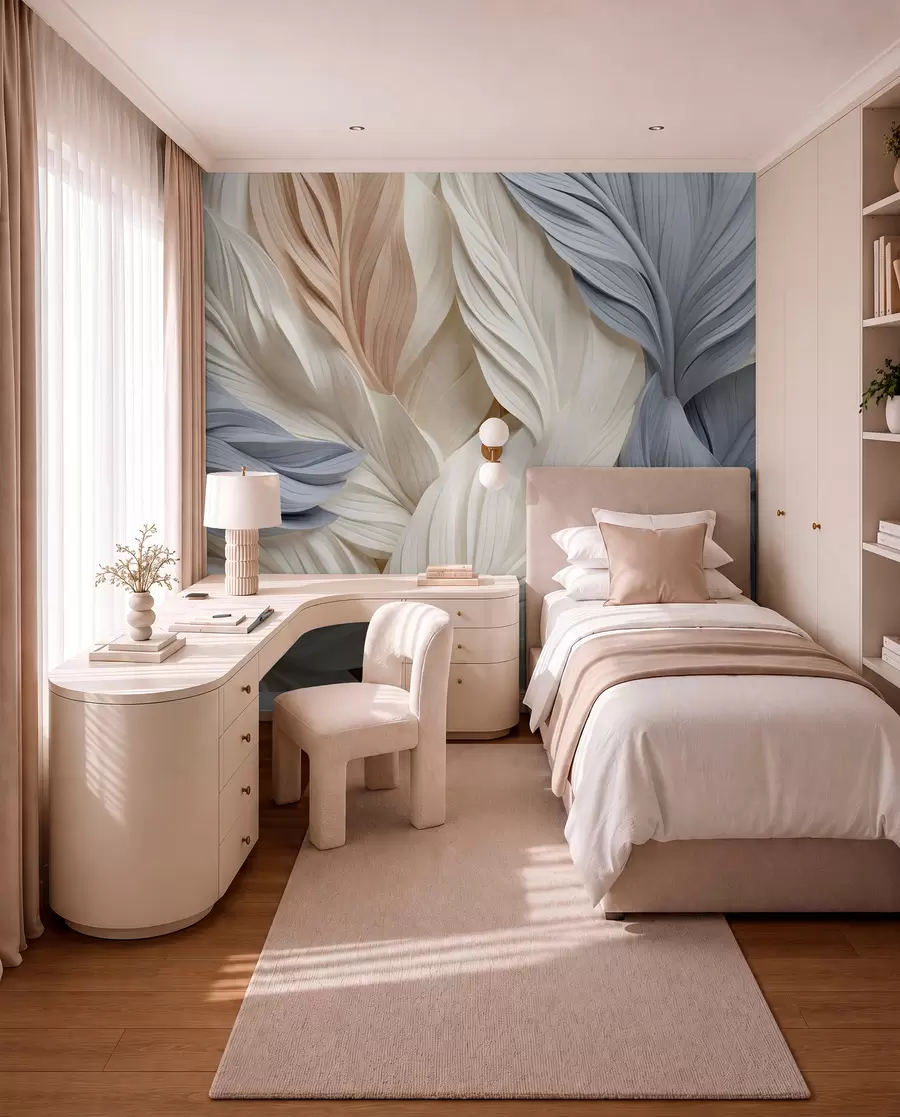 Wall Mural Photo Wallpaper Abstract, layered feathers in cream, beige, and light blue hues, with a textured, organic appearance w09603