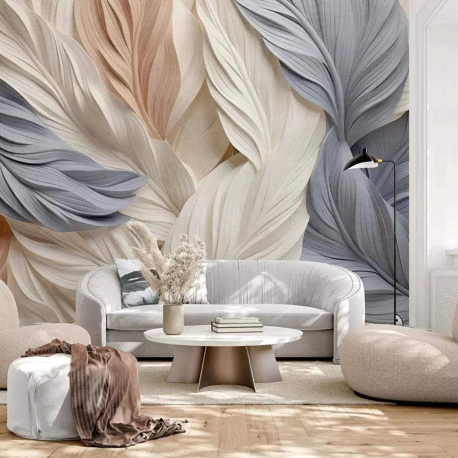 wall murals Abstract, layered feathers in cream, beige, and light blue hues, with a textured, organic appearance w09603