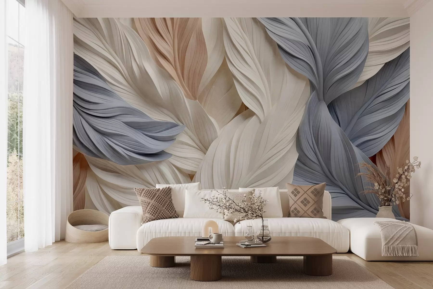 Wall Mural Photo Wallpaper Abstract, layered feathers in cream, beige, and light blue hues, with a textured, organic appearance w09603