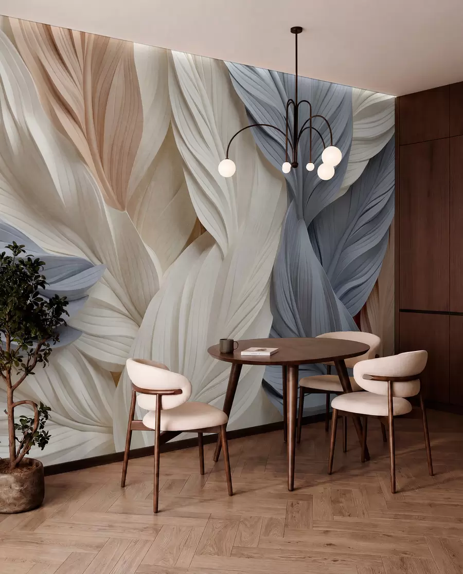 wall murals Abstract, layered feathers in cream, beige, and light blue hues, with a textured, organic appearance w09603