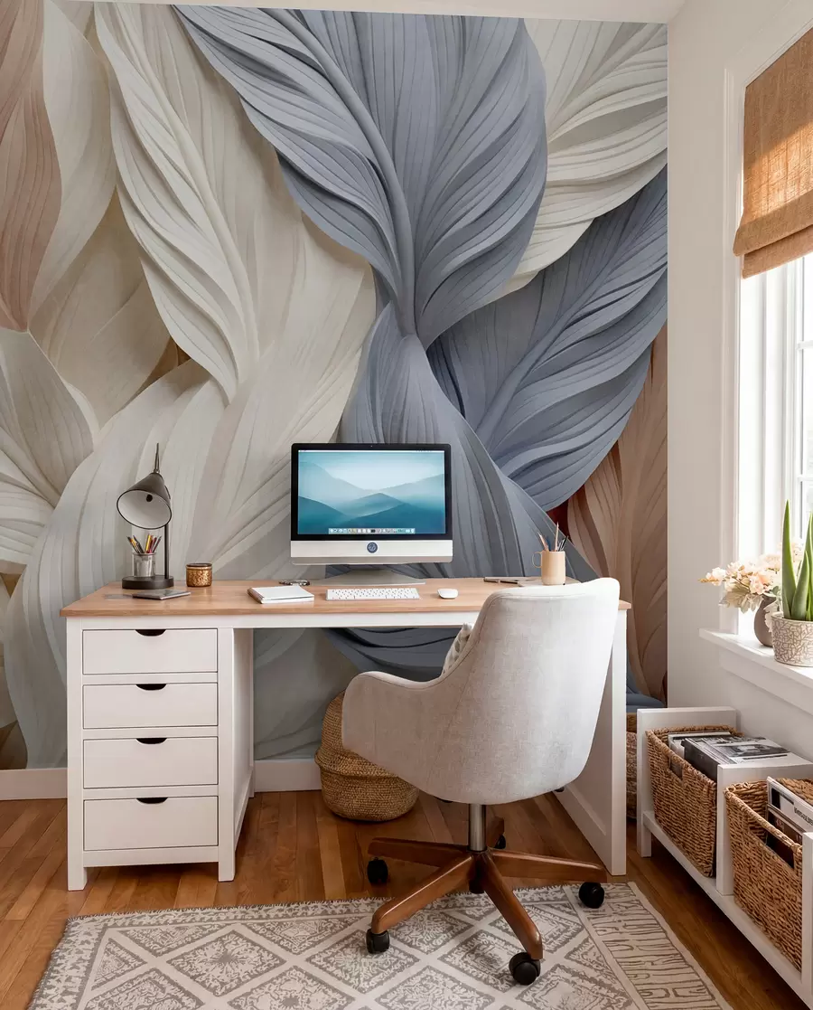 wall murals Abstract, layered feathers in cream, beige, and light blue hues, with a textured, organic appearance w09603