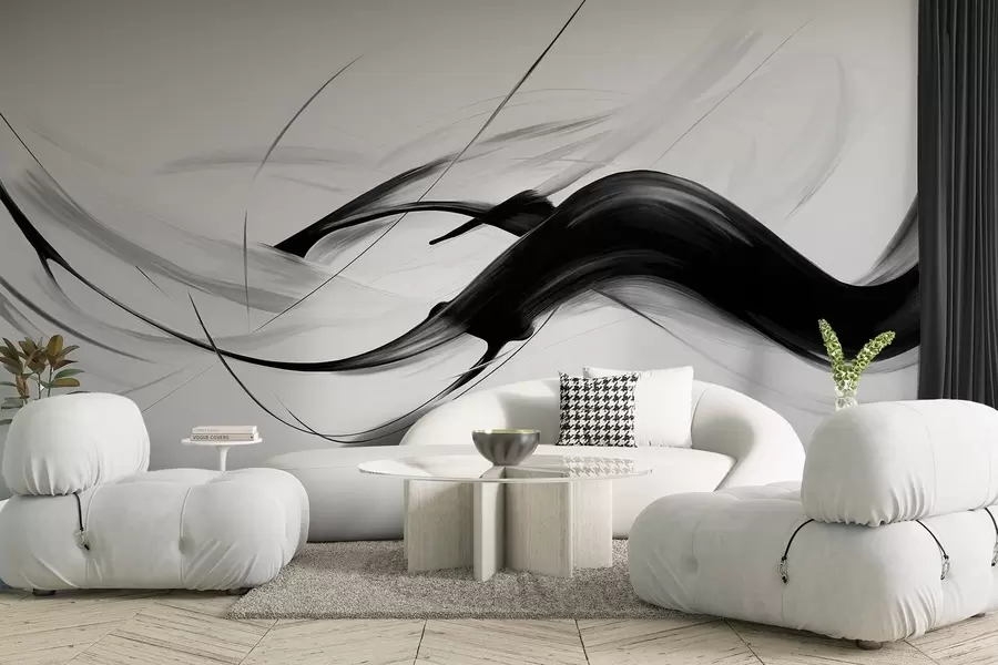 Wall Mural Photo Wallpaper Abstract black and white brush strokes with thin lines creating a modern design against light background w09605