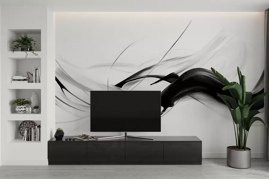 Wall Mural Photo Wallpaper Abstract black and white brush strokes with thin lines creating a modern design against light background w09605