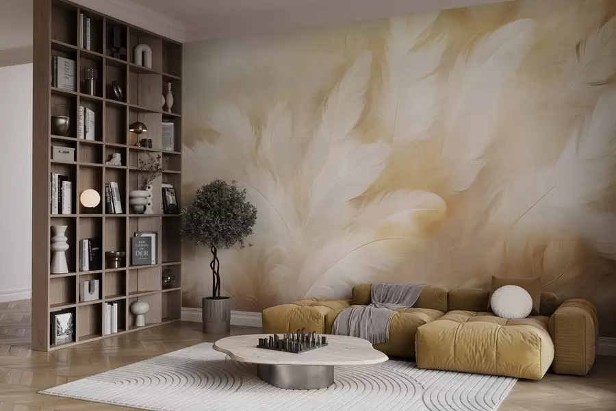 murales Plumas blancas y amarillas de textura suave. w09606